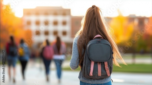A young woman with long hair walks away, carrying backpack, as she heads towards group of people in vibrant autumn setting. warm colors of season create lively atmosphere