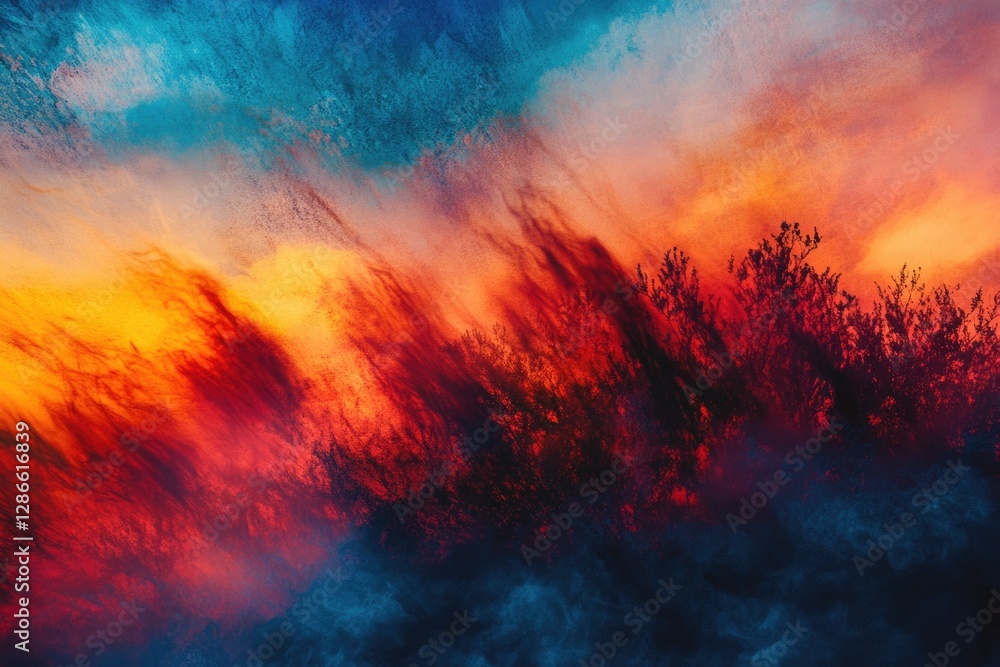 Fiery sunset paints the sky with vibrant hues of orange, red, and blue, silhouetting a dark tree line. Fiery sunset paints the sky with vibrant hues of orange, red, and blue, silhouetting a dark tree line.