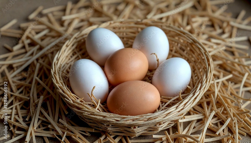Nest with Six White and Brown Eggs on Straw Nest with Six White and Brown Eggs on Straw
