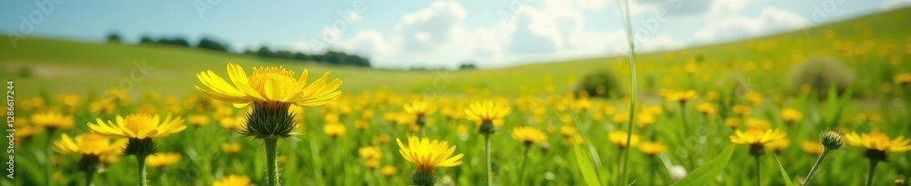 Fototapeta premium Yellow blooming flowers in a grassy landscape, bull thistle, landscape