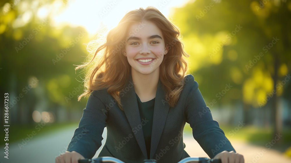 joyful businesswoman rides bike through sunlit park, showcasing confidence and happiness. vibrant greenery enhances uplifting atmosphere joyful businesswoman rides bike through sunlit park, showcasing confidence and happiness. vibrant greenery enhances uplifting atmosphere