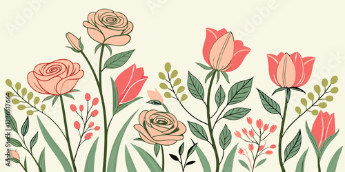 Illustrate a summer bouquet pattern with hand-painted watercolor roses and tulips.