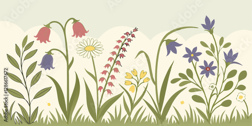 Illustrate a realistic wildflower meadow pattern with fine botanical detailing.