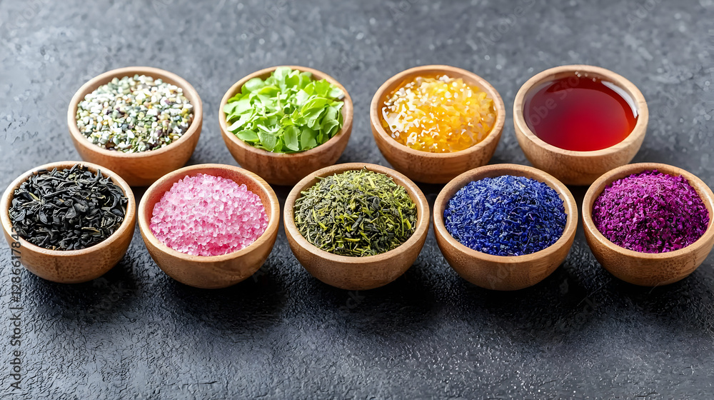 Colorful herbal teas and bath salts, kitchen table, wellness Colorful herbal teas and bath salts, kitchen table, wellness