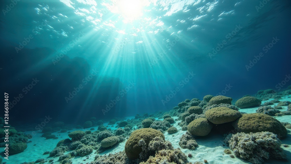 Fototapeta premium Underwater view of bleached coral reef with sun rays filtering through clear ocean water 