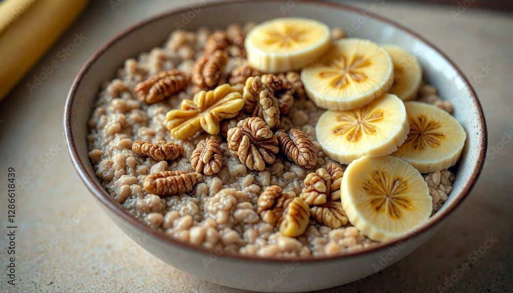 Bowl of oatmeal with bananas and walnuts Bowl of oatmeal with bananas and walnuts