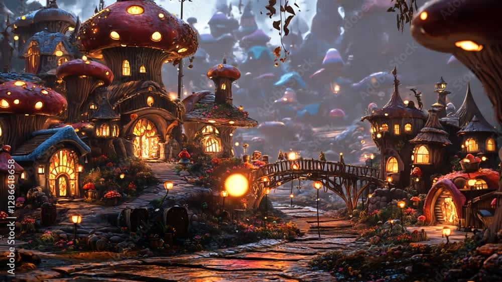A whimsical, glowing mushroom village with houses and bridges, illuminated by fairy lights at night. A whimsical, glowing mushroom village with houses and bridges, illuminated by fairy lights at night.