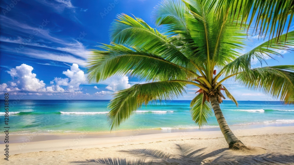 Obraz premium Palm tree on tropical beach with swaying leaves and serene ocean background, foliage, peaceful, foliage, peaceful, tropical