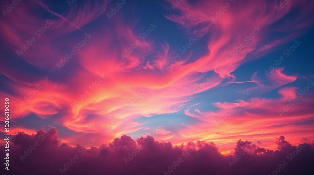 Volumetric lighting image: Vividly glowing clouds contrast a deep blue sunset sky. Volumetric lighting image: Vividly glowing clouds contrast a deep blue sunset sky.