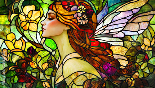 Stained glass background with fairy and floral pattern