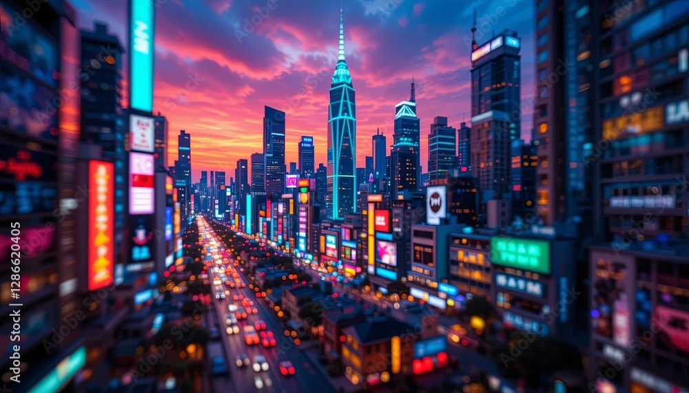 Fototapeta premium Vibrant cityscape at dusk urban center gigapixel cgi nighttime aerial view modern architecture