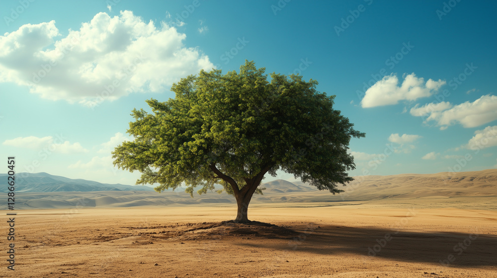 A lone tree with green leaves stands in a barren landscape A lone tree with green leaves stands in a barren landscape