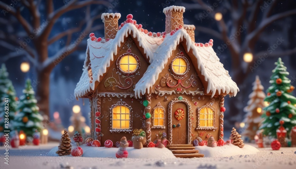 Fototapeta premium Whimsical gingerbread house with icing snow and festive decorations, cozy cabin, seasonal decor