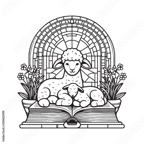 A Serene Depiction of Faith, Lambs Resting on a Bible Within an Arc Window