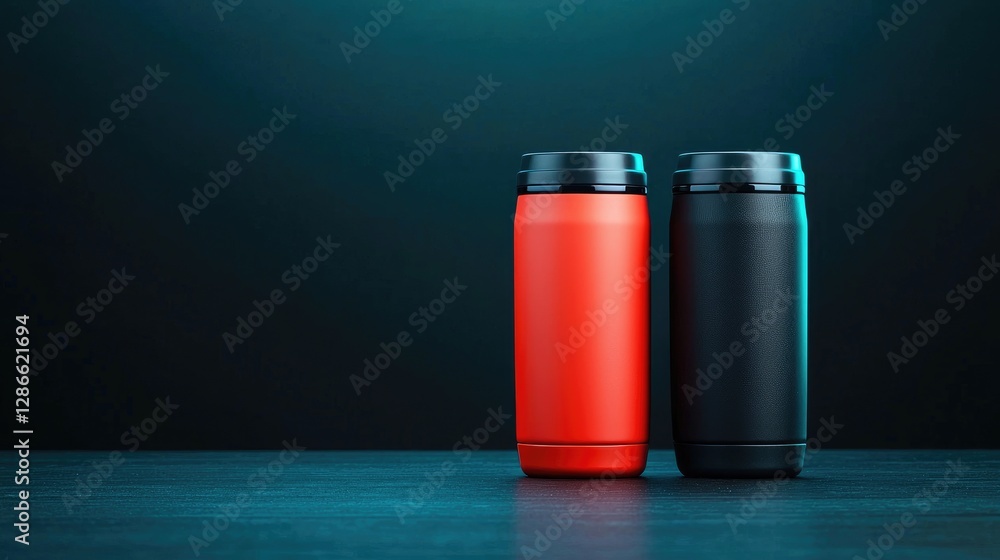 Red and black thermoses on dark table. Perfect for advertising campaigns Red and black thermoses on dark table. Perfect for advertising campaigns