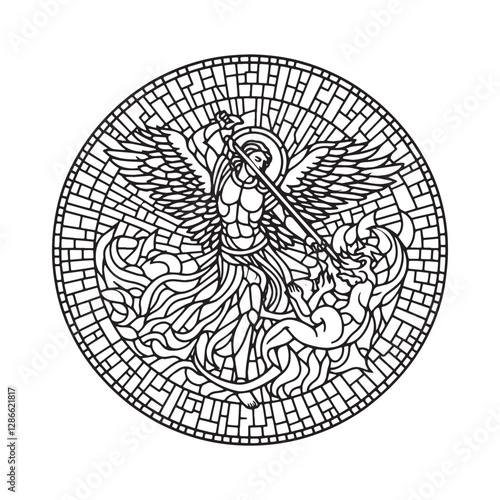 Archangel Michael versus Devil Mosaic Outline in Arc Window 2030-01