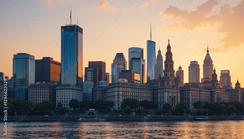 Fototapeta premium Sunset skyline view philadelphia cityscape urban environment aesthetic perspective