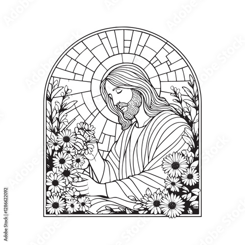 Contemplative Jesus amidst Daisies and Orange Blossoms in Mosaic Outline