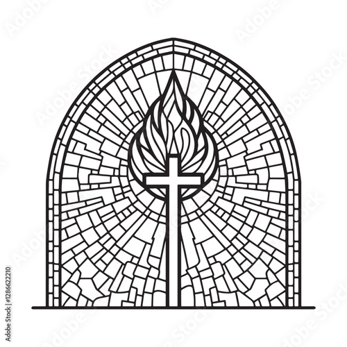 Detailed line art of a religious stained glass window featuring a cross and flame symbol design illustration