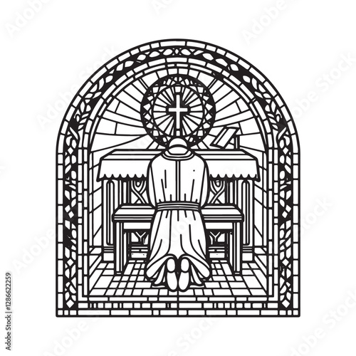 Detailed mosaic illustration depicting a priest during confession time
