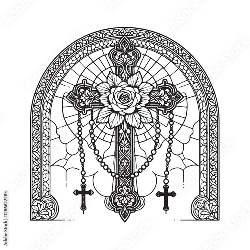 Detailed mosaic styled cross with rosary and rose for coloring book