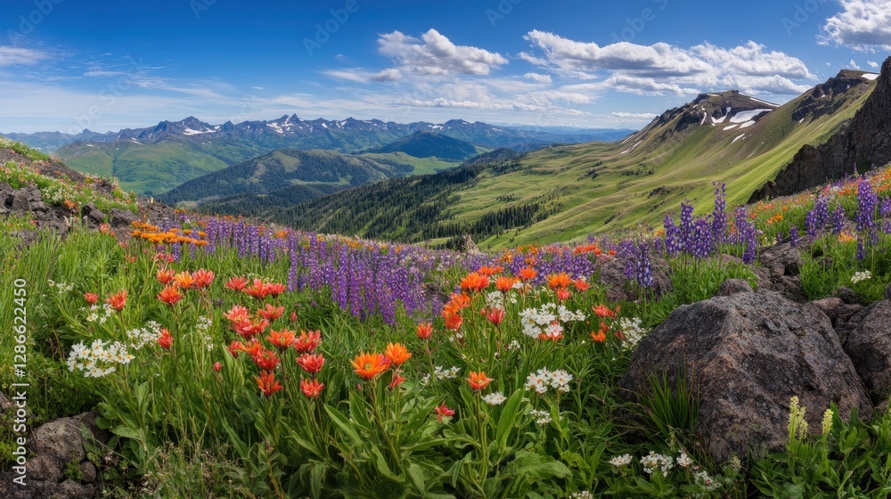 Obraz premium Wildflower Meadow Overlooking Mountain Range with Patches of Snow and Blue Sky