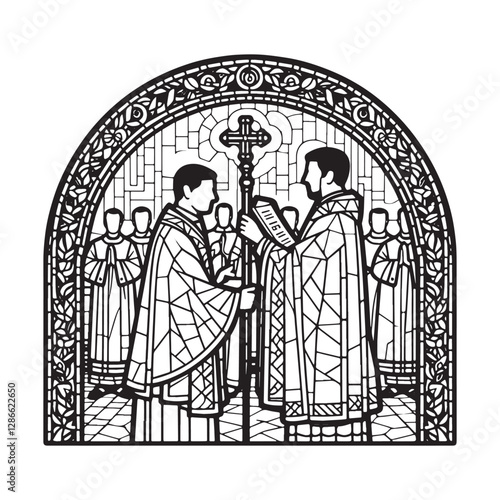 Elegant depiction of a priest ordination ceremony in mosaic outline style