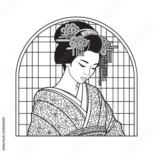 Elegant Japanese Geisha in Minimalist Mosaic Outline within Arched Window