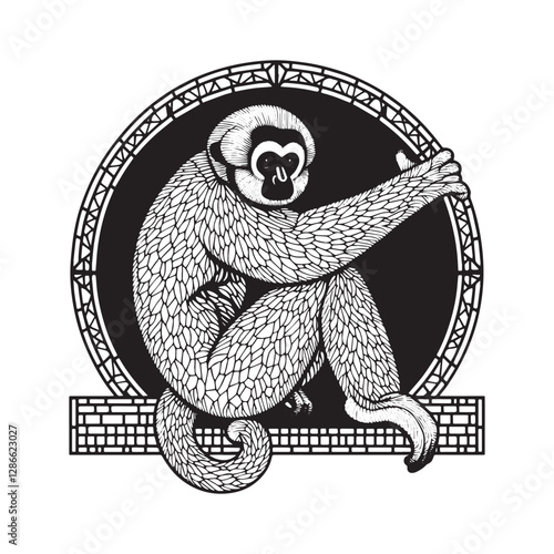 Elegant Gibbon Mosaic, A minimalist outline of a Gibbon monkey w