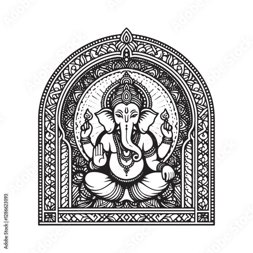 Elegant ganesha illustration in a minimalist mosaic outline design within a simple arc shaped window frame displaying spiritual artistry