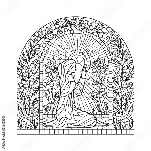 Elegant mosaic depiction of a woman praying amidst blooming flowers