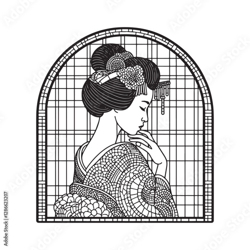 Elegant mosaic geisha outline within arched window creating classic japanese art