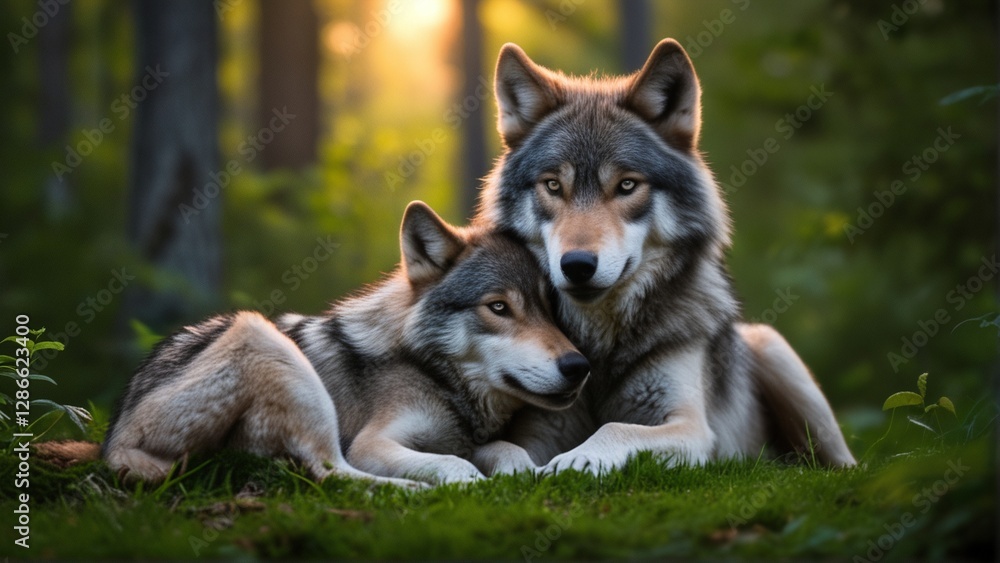 Two wolves rest together in a serene forest setting, bathed in soft golden light. Two wolves rest together in a serene forest setting, bathed in soft golden light.