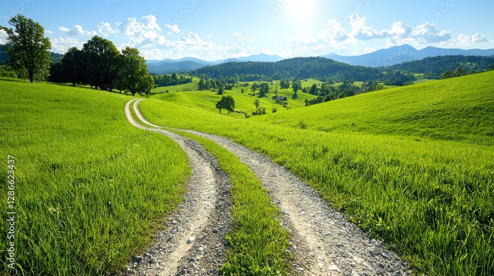Winding road through idyllic green valley, sunlit hills, nature background, travel poster Winding road through idyllic green valley, sunlit hills, nature background, travel poster