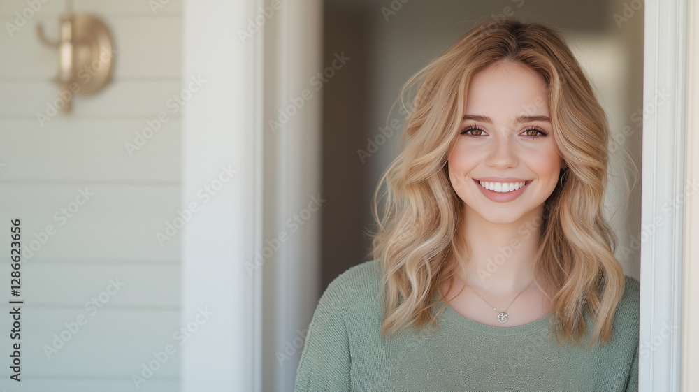 Smiling woman with wavy hair standing at doorway, exuding warmth and friendliness. Her casual outfit complements inviting atmosphere of home Smiling woman with wavy hair standing at doorway, exuding warmth and friendliness. Her casual outfit complements inviting atmosphere of home