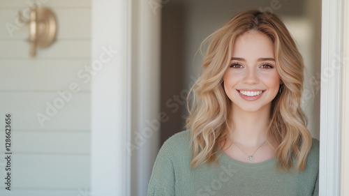 Smiling woman with wavy hair standing at doorway, exuding warmth and friendliness. Her casual outfit complements inviting atmosphere of home Free Download Smiling woman with wavy hair standing at doorway, exuding warmth and friendliness. Her casual outfit complements inviting atmosphere of home - GFXLoad