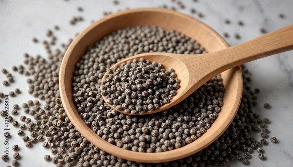 Wooden spoon with dark seeds on marble surface Wooden spoon with dark seeds on marble surface