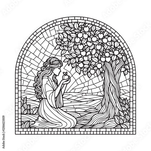 Eve contemplates the forbidden fruit in a mosaic window depiction