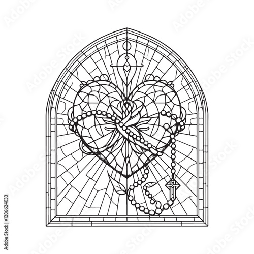 Heart entwined with a rosary in minimalist mosaic outline inside arc window