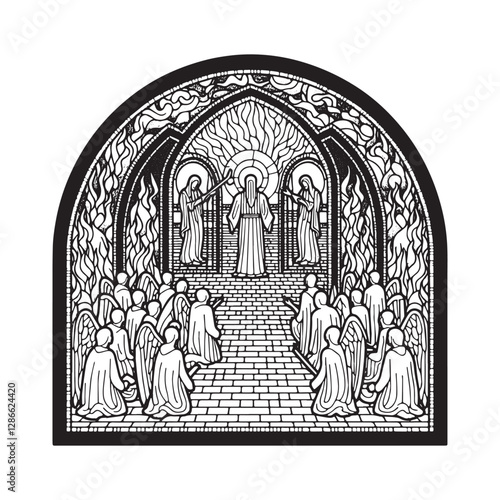 Judgment of souls at hell's gate in minimalist mosaic style window scene