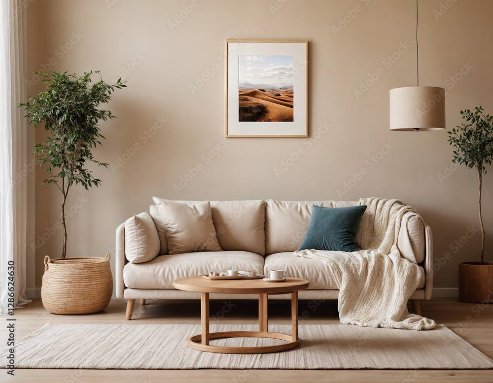 Fototapeta premium Modern minimal interior living room with white sofa and wooden floor white wall