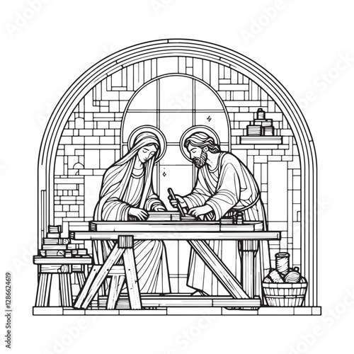 Mary and Jesus at work in Joseph's Carpenter Shop Mosaic Outline Art