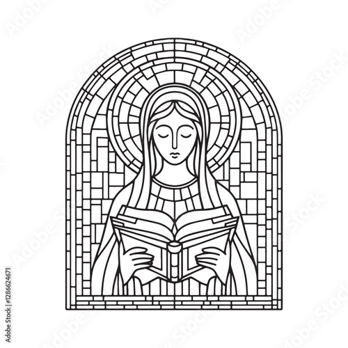 Mary with an open Bible in minimalist Mosaic style arc window art