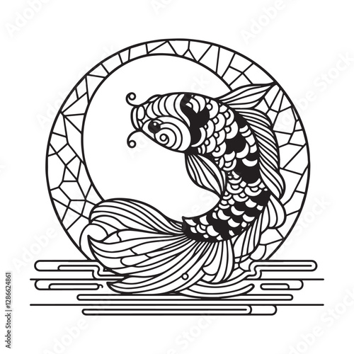 Minimalist Koi Fish Mosaic Outline in Arc Window