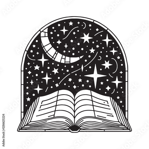 Minimalist Mosaic Bible under Starry Night inside Arc Window Design
