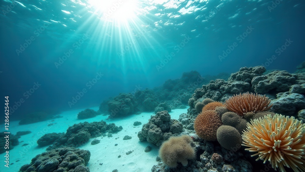 Underwater view of coral reef lagoon with sun rays shining through clear ocean water Underwater view of coral reef lagoon with sun rays shining through clear ocean water