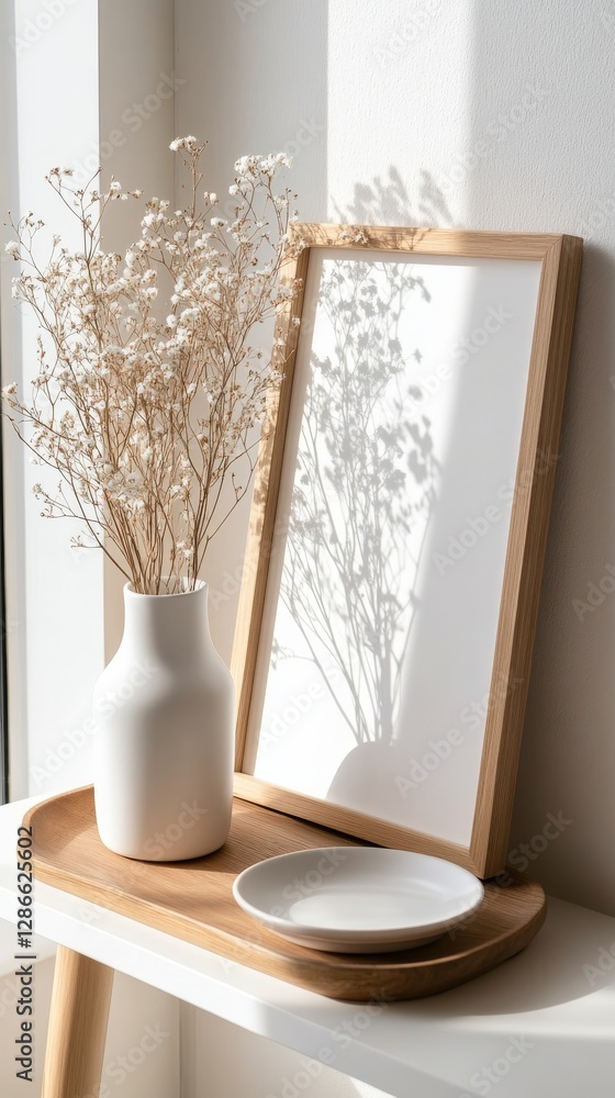 Serene Still Life: A minimalist still life arrangement featuring a bouquet of dried flowers in a white vase, a framed print with delicate botanical artwork, and a wooden tray, bathed in soft sunlight. Serene Still Life: A minimalist still life arrangement featuring a bouquet of dried flowers in a white vase, a framed print with delicate botanical artwork, and a wooden tray, bathed in soft sunlight.