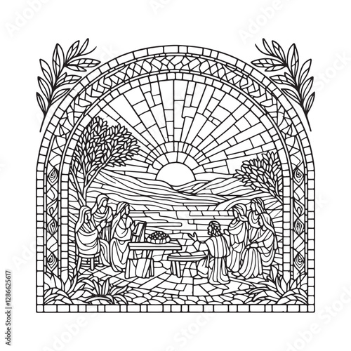 Minimalist Mosaic Depiction of David's Psalm of Thanksgiving, Chronicles 16, Set Within an Elegant Arc Window