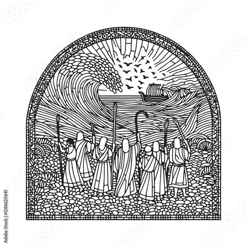 Minimalist Mosaic Depiction of Exodus 14, The Parting of the Red Sea Within an Arc Window