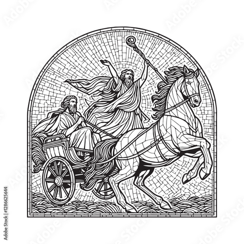 Minimalist Mosaic Depiction of Elijah's Ascension in Fiery Chariot